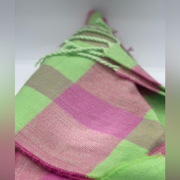 🌸 H&M Plaid Fringe Scarf – Pink, Lime Green & Taupe | SBL ❤️ - Picture 11 of 17